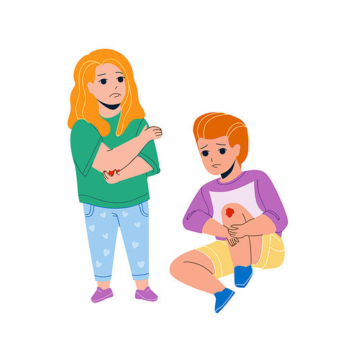 Boy And Girl Kids Hurt After Fall On Ground Vector. Little Child Sitting On Floor With Knee Hurt And Lady Infant With Elbow Injury. Characters Brother And Sister With Scratch Flat Cartoon Illustration