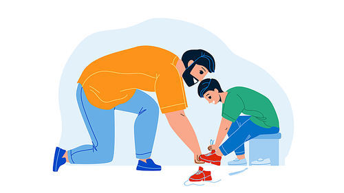Father With Son Try On Shoes In Kid Store Vector. Man Help Boy Choosing Footwear In Clothes Kid Store. Characters Parent With Kid Buy Footwear In Shop, Season Sales Flat Cartoon Illustration