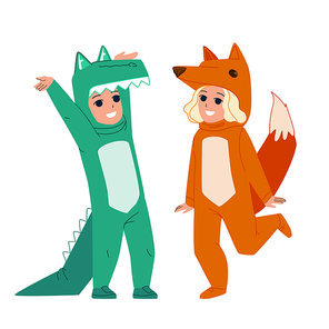Kids Dressed Animal For Celebrate Halloween Vector. Boy Wearing Crocodile Costume And Girl In Fox Animal Dress. Characters Funny Carnival Clothes Or Pajamas Flat Cartoon Illustration