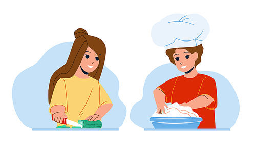 Kids Cooking Salad And Dessert Together Vector. Boy Prepare Dough For Baking Pie And Girl Cut Cucumber For Vitamin Dish, Kids Cooking On Kitchen. Characters Preparing Food Flat Cartoon Illustration