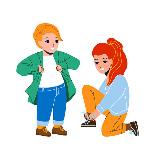 Kids Dressing Up Casual For Walking In Park Vector. Preteen Boy Dressing Up Shirt And Girl Tying Shoe Laces Preparing For Walk And Playing On Playground. Characters Flat Cartoon Illustration