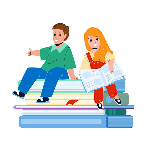 Kids Education In Kindergarten Classroom Vector. Preteen Boy And Girl Reading Books On Kids Education Lesson. Characters Little Pupils Learning Together, Preparing For School Flat Cartoon Illustration
