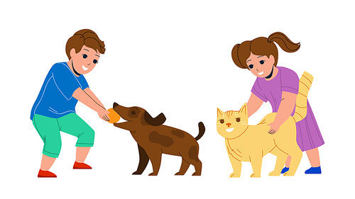Kids Playing With Pets Together In Park Vector. Little Boy Play With Dog And Ball, Girl Stroking Cat Pets. Characters Brother And Sister Enjoying With Domestic Animals Flat Cartoon Illustration