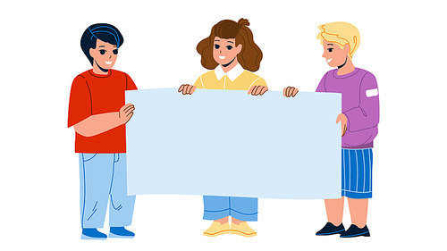 Kids With Blank Advertise Poster Together Vector. Boys And Girl Children Holding Advertising Poster Paper. Characters Infants Staying With Promotional Banner Flat Cartoon Illustration