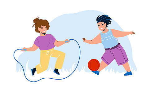 Kids Summer Active Games On Playground Vector. Preteen Boy Playing With Ball And Girl Jumping Rope, Kids Summer Activities. Characters Children Enjoying Together Flat Cartoon Illustration