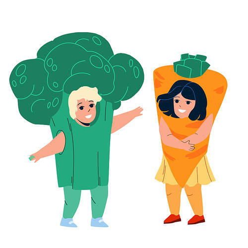 Kids Dressed Vegetables On School Stage Vector. Kids Dressed Vegetables, Little Boy In Broccoli Suit And Girl Wearing Costume In Carrot Form For Children Party. Characters Flat Cartoon Illustration
