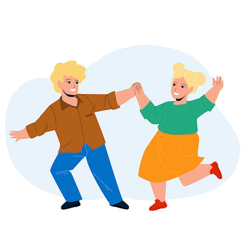 Kids Dancing Together On Children Party Vector. Happy Smiling Boy And Girl Kids Dancing In Dance School. Cute Characters Choreography, Funny Leisure Childhood Flat Cartoon Illustration