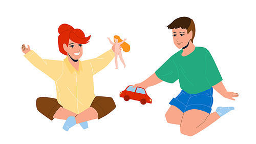 Kids Playing With Toys In Kindergarten Vector. Little Boy And Girl Kids Playing Together With Car And Doll. Characters Children Friends Play, Funny Leisure Time Flat Cartoon Illustration