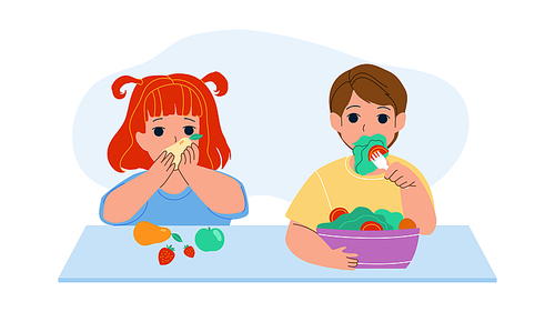 Children Eat Vitamin Fruits And Vegetables Vector. Little Girl Eating Delicious Ripe Apple, Strawberry And Pear, Boy Taste Vitamin Salad. Characters Healthy Food Flat Cartoon Illustration