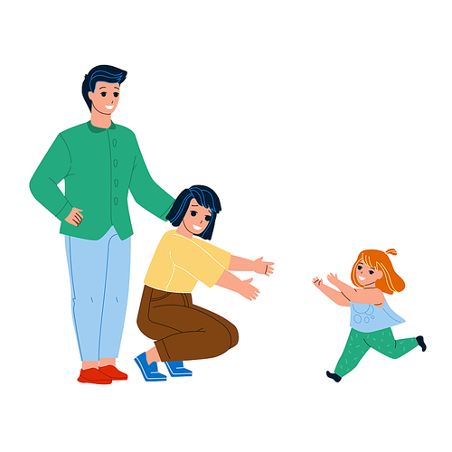 Kid Adoption Young Man And Woman Parents Vector. New Father And Mother Daughter Kid Adoption, Happy Child Girl Running To Mom Embrace. Characters Parenting And Childcare Flat Cartoon Illustration