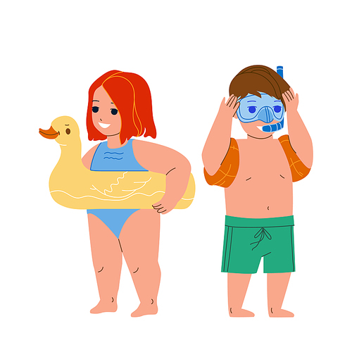 Kids In Swimming Suit Enjoying On Beach Vector. Little Boy With Facial Mask For Swim And Girl With Lifebuoy In Duck Form Resting Together On Beach. Characters Flat Cartoon Illustration