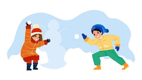 Kids Play With Winter Snow Balls Together Vector. Boy And Girl Friends Playing In Winter Seasonal Game Snowballs Fight. Characters Brother And Sister Funny Active Time Flat Cartoon Illustration