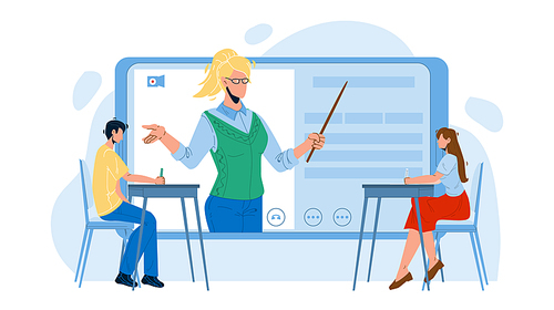 Digital Classroom Educational Web Lecture Vector. Boy And Girl Sitting At Desk And Listening Teacher Internet Online Classroom On Tablet Screen. Characters Lesson Flat Cartoon Illustration