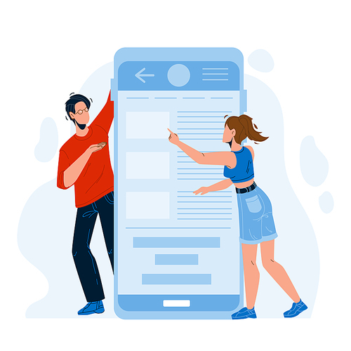 Mobile Application Using Man And Woman Vector. Young Boy And Girl Use Phone Application. Characters Click Smartphone Screen Software, App Electronic Technology Flat Cartoon Illustration