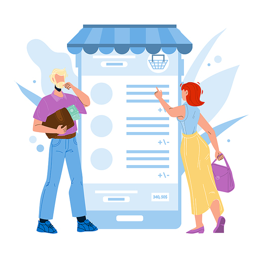 Online Payment Service App Using People Vector. Internet Payment And Shopping Young Boy And Girl Users With Smartphone Application. Characters Mobile Pay Technology Flat Cartoon Illustration