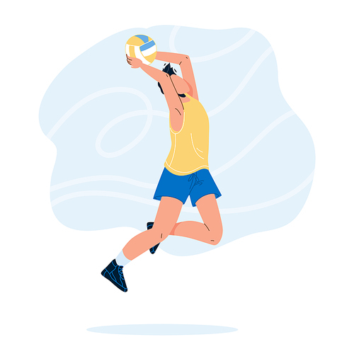 Volleyball Player Jump And Throwing Ball Vector. Sportsman Playing Volleyball Sport Game. Character Athlete Man Make Exercise Training, Sportive Active Time Flat Cartoon Illustration