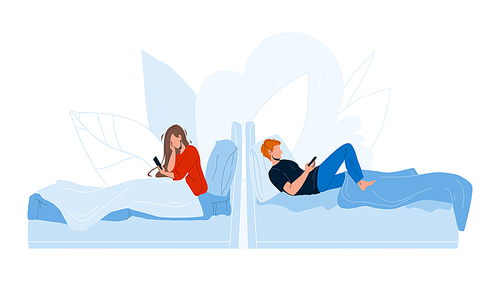 People Lying In Bed And Use Mobile Phone Vector. Young Man And Woman In Bed Using Smartphone. Characters With Communication Gadget In Bedroom, Bedtime With Electronic Device Flat Cartoon Illustration