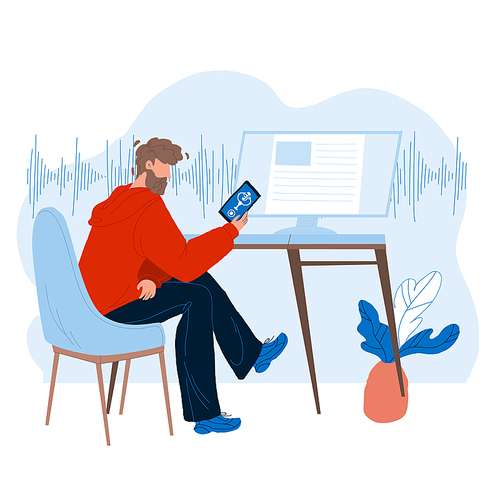 Voice Assistant Using Man On Smartphone Vector. Boy Talking With Digital Assistant Mobile Phone Application. Character With Electronic Gadget Conversation Flat Cartoon Illustration