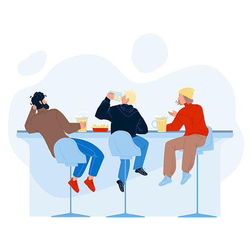 Men Drink Beer And Talk In Alcohol Bar Vector. Young Guys Drinking Alcoholic Brewed Beverage, Eating Snack And Discussing Together At Bar Counter. Characters In Pub Flat Cartoon Illustration