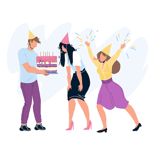 Happy Birthday Party Celebrating People Vector. Birthday Girl Blowing Candles On Celebration Cake. Characters Guests Man And Woman Congratulating With Anniversary Flat Cartoon Illustration