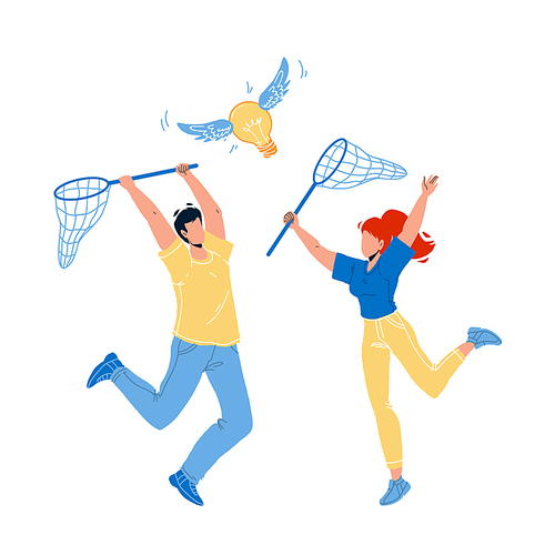 Catching Idea With Net Man And Woman People Vector. Boy And Girl Catch Idea Flying Lightbulb Together. Characters Businesspeople Holding Netting, Ideation Concept Flat Cartoon Illustration