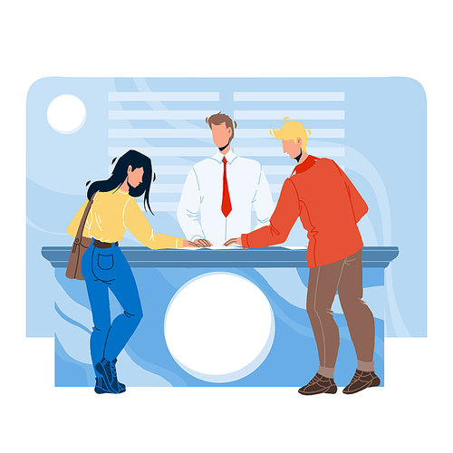 Expo Center Visitors Communicate With Staff Vector. Expo Center Customers Man And Woman Communicate With Worker Manager At Stand About Exhibit. Characters Flat Cartoon Illustration