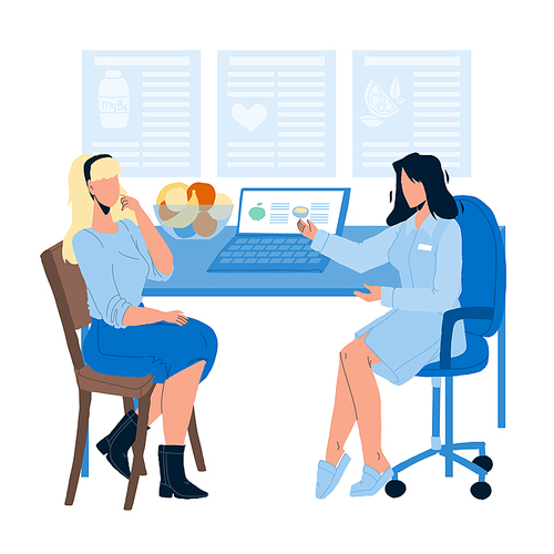 Nutritionist Giving Consultation To Patient Vector. Nutritionist Talking About Healthy Food With Woman And Making Diet Plan. Character Counseling About Healthcare Nutrition Flat Cartoon Illustration