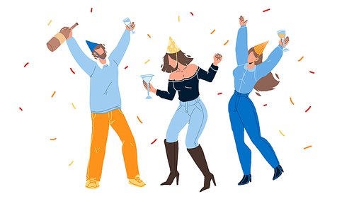 People Celebrating Birthday Or Christmas Vector. Young Man And Women Celebrating Anniversary Or Xmas, Drinking Alcoholic Beverage And Dancing Together. Characters Party Flat Cartoon Illustration