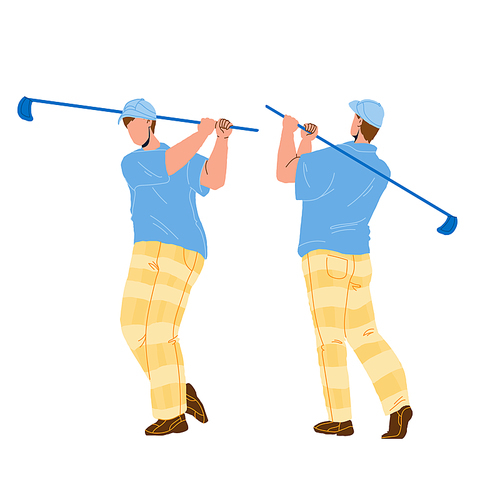 Man Playing Golf And Hitting Ball With Club Vector. Golfer Play Golf And Shot With Sportive Equipment. Character Boy Golfing And Exercising, Sport And Leisure Active Time Cartoon Illustration