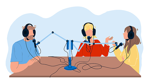 Radio Broadcast People Recording In Studio Vector. Man And Women Discussing And Record Broadcast On Air. Characters Talking In Microphone Electronic Equipment Flat Cartoon Illustration