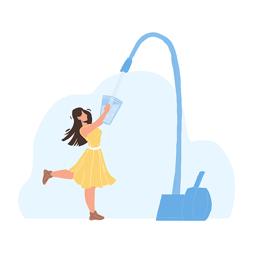 Water Filter Faucet Pouring In Glass Girl Vector. Young Woman Holding Cup And Filling Fresh Clean Water From Tap. Character Lady Filtration Drink, Healthy Purity Liquid Flat Cartoon Illustration