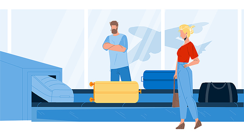 Airport Conveyor Equipment With Baggage Vector. Man And Woman Airplane Passengers Waiting And Searching Luggage On Terminal Conveyor. Characters Business Travel Flat Cartoon Illustration