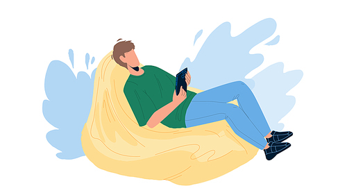 Man Relax On Bean Bag And Playing On Phone Vector. Young Boy Have Leisure Time And Relax On Soft Sofa. Character Freelancer Businessman Relaxing After Work Flat Cartoon Illustration