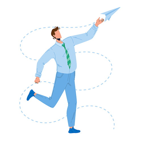 Paper Plane Launching Young Businessman Vector. Man Launch And Playing With Handmade Flying Paper Airplane. Character Boy Manager Have Funny Playful Time With Toy Flat Cartoon Illustration