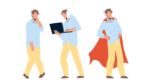 Personal Growth Business Skills Businessman Vector. Unemployed Man, Hard Working And Communication With Partner, Personal Growth To Super Hero. Character Guy Self-development Flat Cartoon Illustration