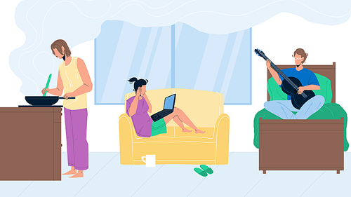 Roommate Problem In Student Hostel Room Vector. Girl Sitting On Sofa With Laptop And Cover Ears Because Boy Playing On Guitar, Lady Prepare Dish, Roommate Problem. Characters Flat Cartoon Illustration