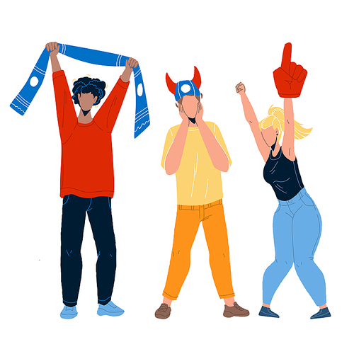 Sports Fans Cheering And Shouting Together Vector. Young Men And Woman Sports Fans With Sportive Attributes Scarf, Hat And Hand Cheer Team. Characters Sporting Event Flat Cartoon Illustration