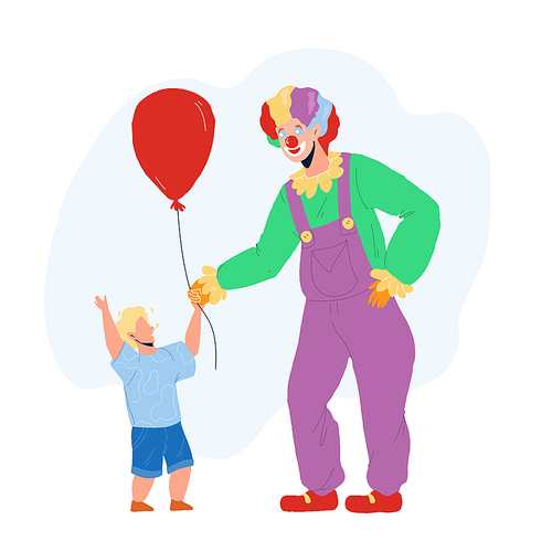 Clown Giving To Little Boy Child Balloon Vector. Happy Clown Man Dressed In Festival Costume On Birthday Party. Character Circus Worker Funny Leisure Time With Kid Flat Cartoon Illustration