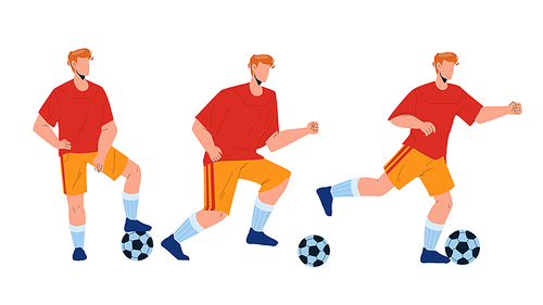 Football Player Playing And Kicking Ball Vector. Soccer Player Exercising And Play With Sportive Equipment In Competitive Game. Character Man Athlete Active Sport Time Flat Cartoon Illustration
