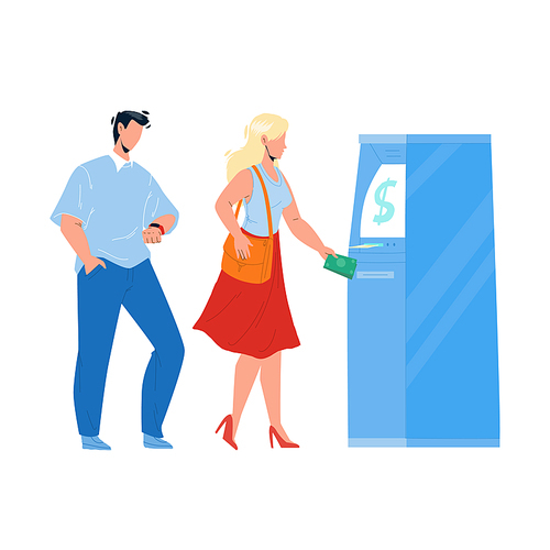 Atm Bank Machine Using Woman For Get Cash Vector. Young Girl And Man Use Atm Electronic Equipment For Getting Money Banknotes. Characters Financial Service Flat Cartoon Illustration