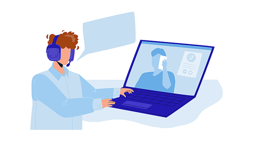 Dispatcher Speaking With Client At Computer Vector. Dispatcher Giving Instruction And Talking With Customer Through Video Call. Characters Digital Technical Support Flat Cartoon Illustration