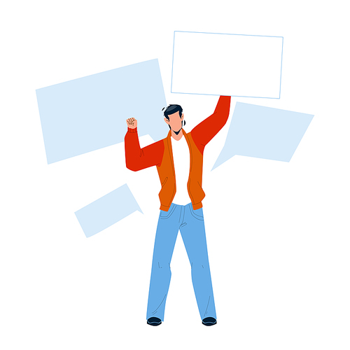 On Protest Demonstration Man With Posters Vector. Young Boy Activist Holding Board Screaming On Protest. Character Protestor Protesting And Shouting On Meeting Strike Flat Cartoon Illustration