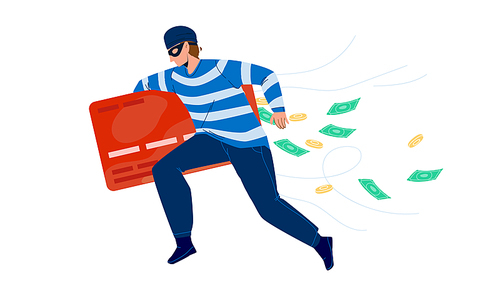 Thief Man Stealing Money From Credit Card Vector. Thief Running With Steal Finance, Bandit Burglar Boy Theft. Character Gangster Financial Criminal, Illegal Occupation Flat Cartoon Illustration