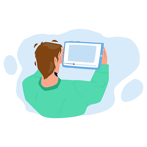 Man Watching Video On Tablet Digital Device Vector. Young Boy Watching Video On Electronic Gadget. Character Watch Online Movie Stream Or Film On Mobile Media Technology Flat Cartoon Illustration