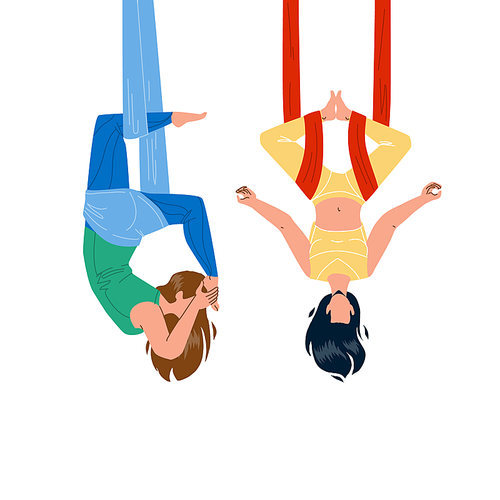 Air Yoga Training Exercise Girls Couple Vector. Young Women Exercising Air Yoga Together, Ladies Flying In Anti-gravity Hammock. Characters Athlete Sport Activity Flat Cartoon Illustration