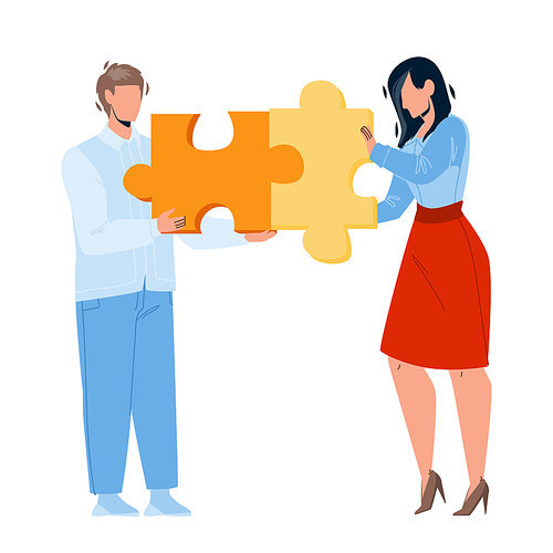 Business Strategy Planning Businesspeople Vector. Business Strategy Plan Discussing And Analyzing Young Businessman And Businesswoman. Characters With Puzzle Pieces Flat Cartoon Illustration