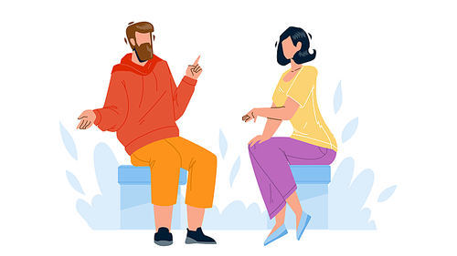 Conversation Between Young Man And Woman Vector. Boy And Girl Sitting On Chair Have Business Conversation Together. Characters People Discussing On Meeting Flat Cartoon Illustration