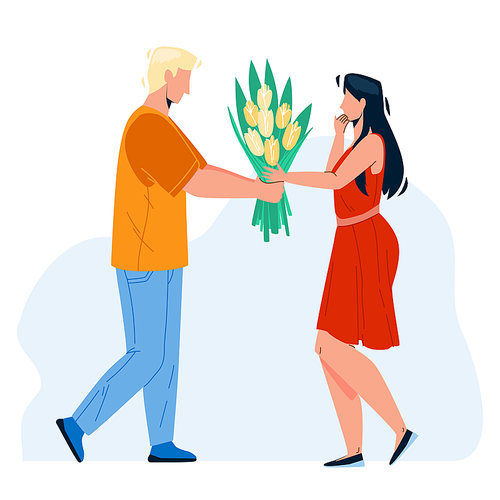 Boy Presenting Flowers To Girl With Love Vector. Young Man Giving Flowers Bouquet Gift To Attractive Woman. Characters Boyfriend And Girlfriend Couple Date Flat Cartoon Illustration