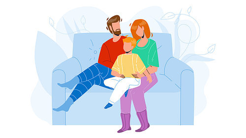 People Relaxing On Cozy Couch Together Vector. Father, Mother And Son Child Family Sitting On Cozy Sofa. Characters Man, Woman And Boy Have Leisure Time In Living Room Flat Cartoon Illustration