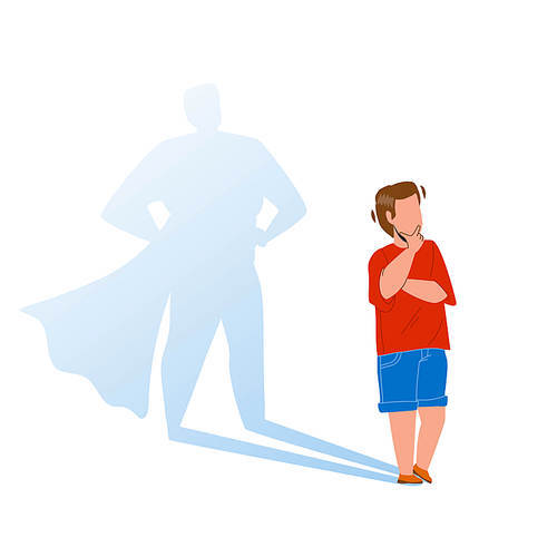 Boy Child Dreaming To Stay Brave Super Hero Vector. Cute Little Kid Guy Dreaming To Become Courageous Superchild. Preteen Character Superhero, Childhood Dream Flat Cartoon Illustration